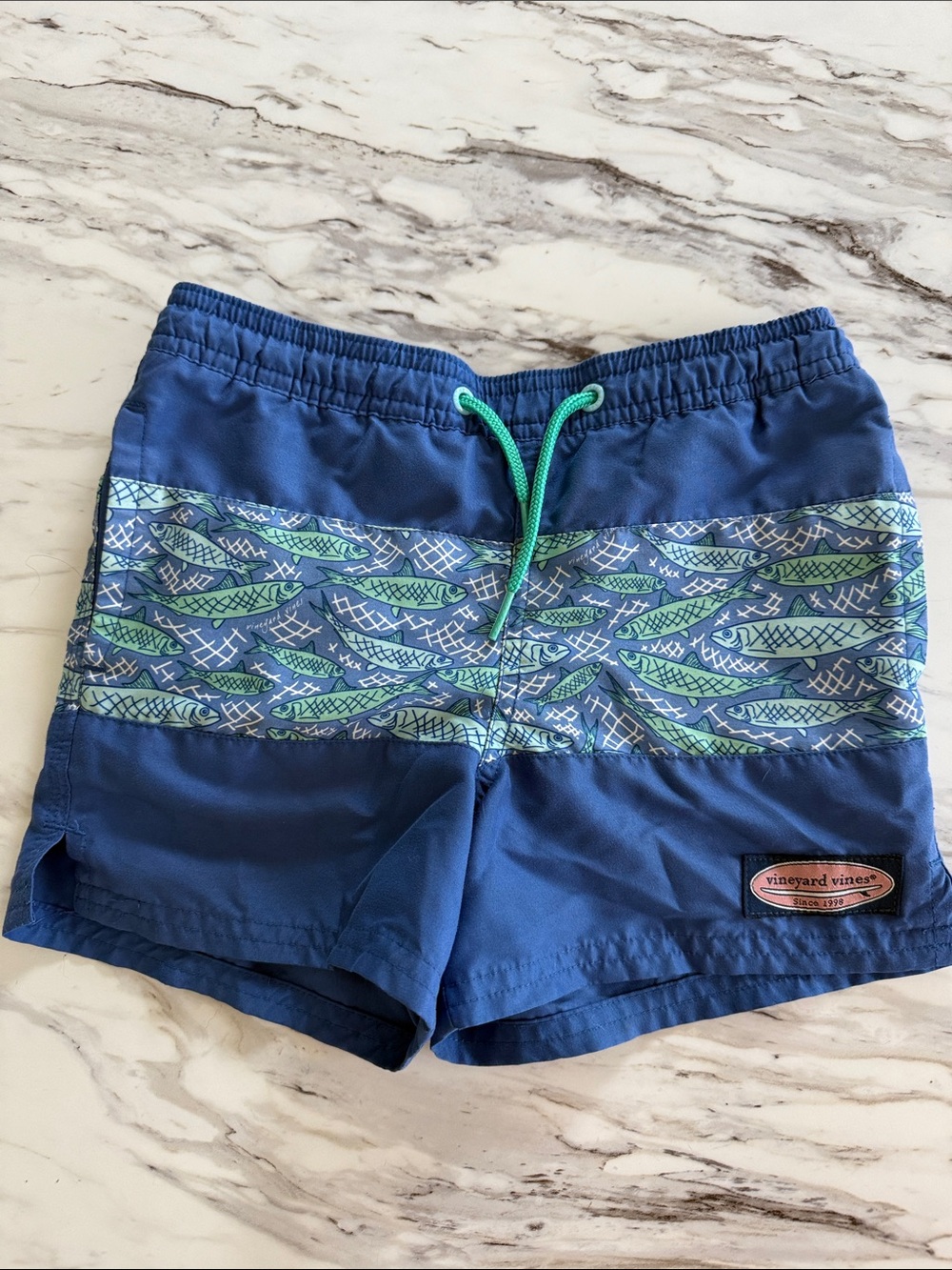 Vineyard Vines Blue Swim Shorts with Fish Stripe